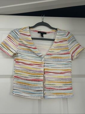 Forever 21 White Multicolor Striped Button Front Short Sleeve Top